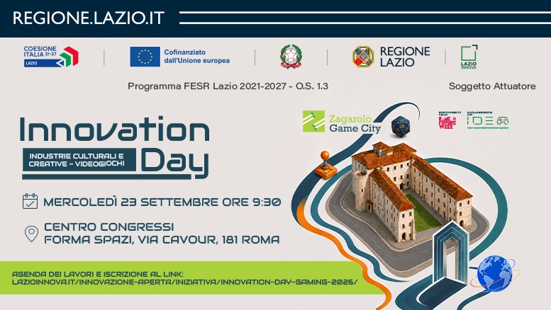Innovation Day Industrie Culturali e Creative - Videogiochi - 23 settembre ore 9.30 - centro Congressi Forma Spazi, Via Cavour 181, Roma. Dettagli nella pagina