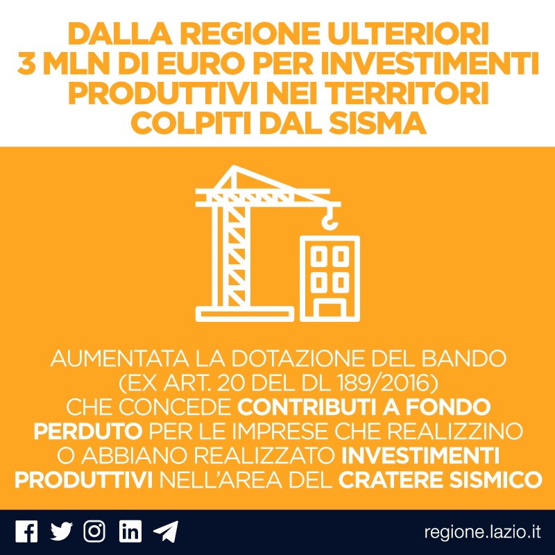 Dalla Regione altri 3 milioni di euro per investimenti produttivi nei territori del sisma