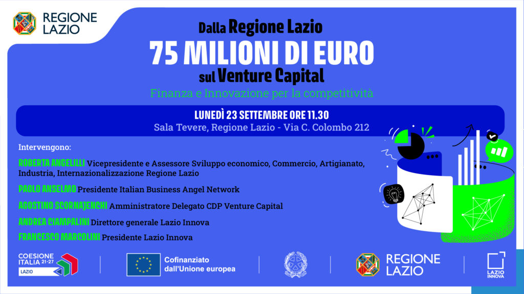Le nuove strategie sul capitale di rischio. Lunedì 23 settembre 2024, ore 11:30. “Sala Tevere” della Regione Lazio, viale Cristoforo Colombo 212 - Roma. Info nella pagina