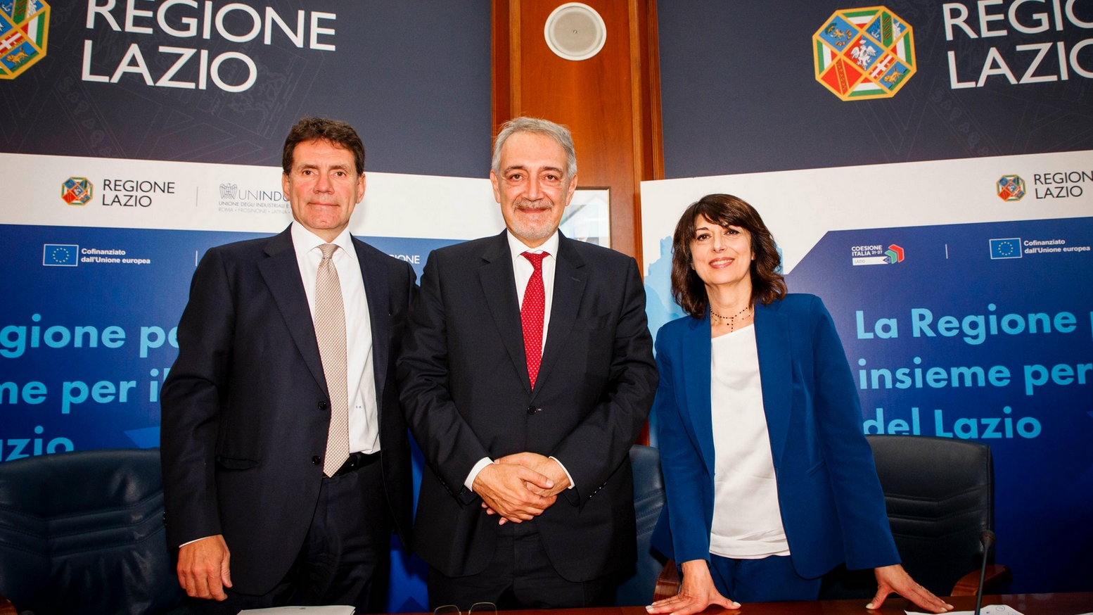 Il presidente di Unindustria Giuseppe Biazzo, il presidente della Regione Lazio Francesco Rocca e la vicepresidente della Regione Lazio Roberta Angelilli