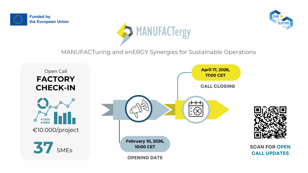 Banner del bando Factory Check-In promosso dal progetto europeo MANUFACTergy: dettagli nell'articolo