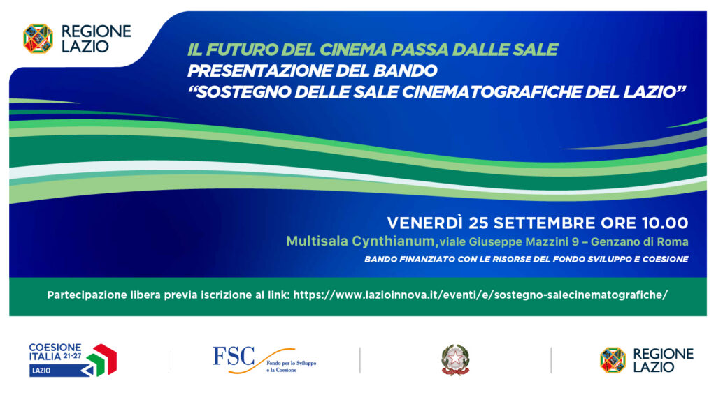 Il futuro del cinema passa dalle sale Presentazione del bando Sostegno delle sale cinematografiche del Lazio (Genzano, 25 settembre 2026). Dettagli nell'articolo