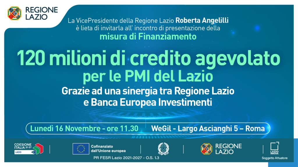 Il 16 novembre la Regione presenta a Roma una nuova misura per le Pmi: 120 milioni per crediti agevolati, in sinergia con la BEI. Dettagli nell'articolo