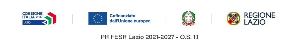 Loghi PR FESR Lazio 2021-2027 O.S. 1.1 (Coesione Italia 21-27, Cofinanziato dall'Unione europea, Repubblica Italiana, Regione Lazio)