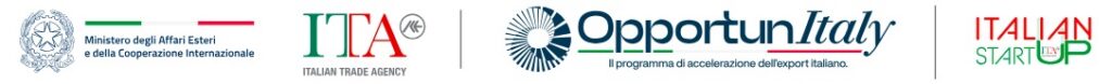 Loghi: Ministero degli Affari Esteri e della Cooperazione Internazionale, ITA - Italian Trade Agency, OpportunItaly, Italian StartUp