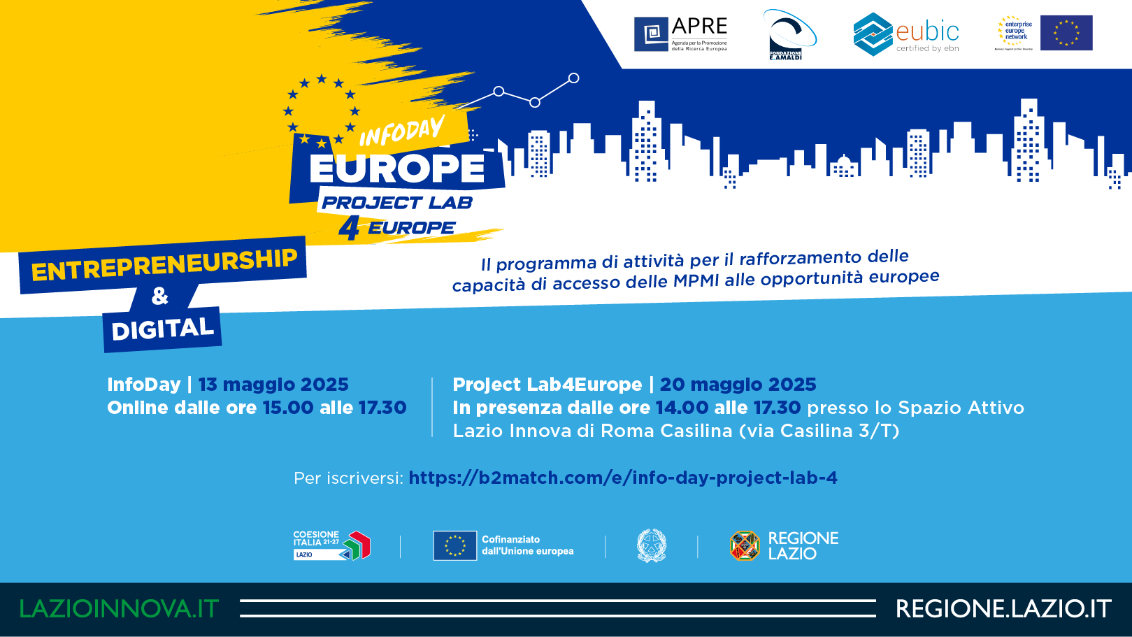 Infoday Europe & Project Lab 4 Europe Agrifood & Bioeconomy. Infoday online 13 maggio 15.00 - 17.30. Project Lab 20 maggio 14.00 - 17.30 in presenza - Spazio Attivo Lazio Innova di Roma Casilina, Via Casilina 3/T