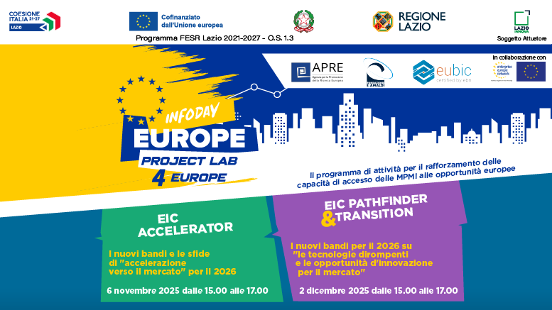 2 nuovi incontri del ciclo Infoday Europe e Project Lab 4 Europe. EIC Accelerator (6 novembre 15.00-17.00) ed EIC Pathfinder & Transition (2 dicembre 15.00-17.00). Info e iscirzioni online nella pagina