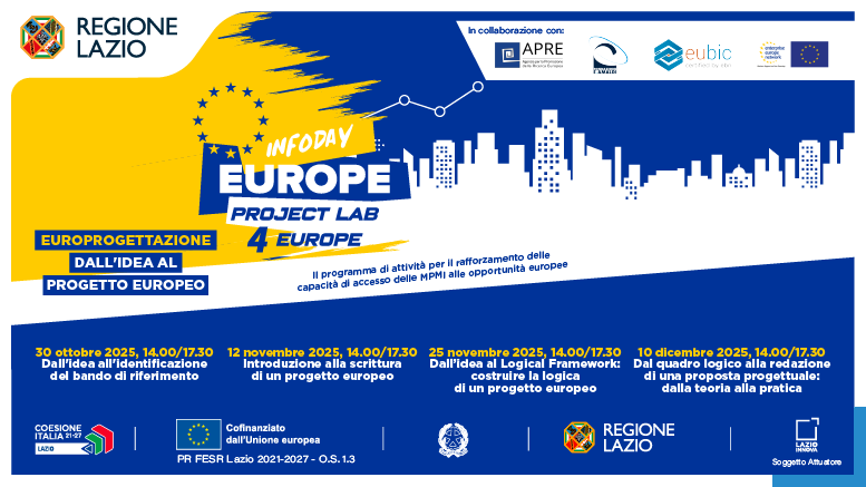 3 nuovi incontri del ciclo Infoday Europe e Project Lab 4 Europe. Cascading Grant & EIC KICs (9 ottobre 15.17); EIC Accelerator (6 novembre 15.00-17.00) ed EIC Pathfinder & Transition (2 dicembre 15.00-17.00). Info e iscrzioni onòline nella pagina